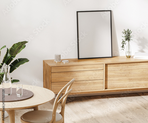 blank frame mockup on wooden dresser in dining room, home interior mockup, 3d rendering