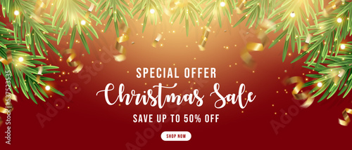 Christmas sale banner. Winter holiday sale. Realistic christmas tree. Luxury background. Vector illustration.