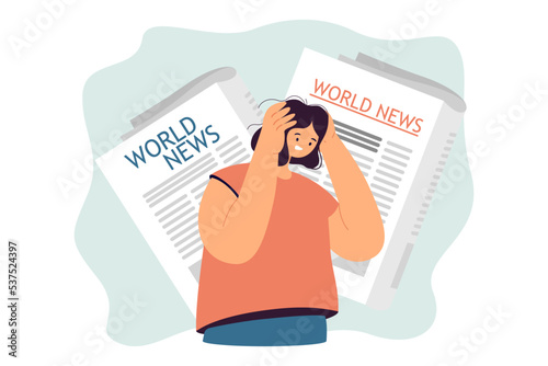 Stress and anxiety of woman from reading world news. Panic attack on person due to newspaper information flat vector illustration. Mass media concept for banner, website design or landing web page