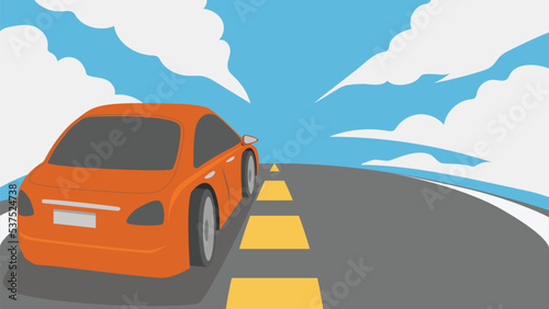 Vector or illustration of Driving of an orange car towards the front on an asphalt road. Motion of road under blue sky and white clouds.