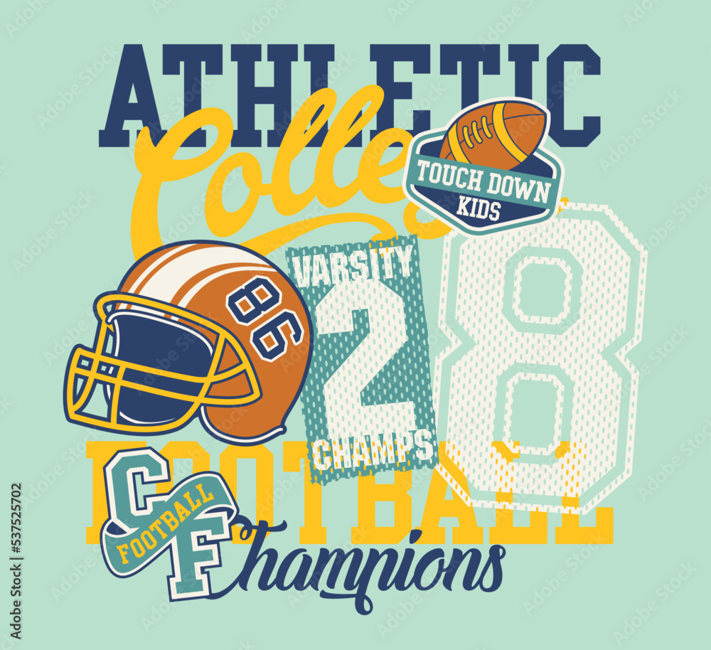 Cute college athletic American football champions kids team abstract vector  print for baby children wear with embroidery applique patches Stock Vector