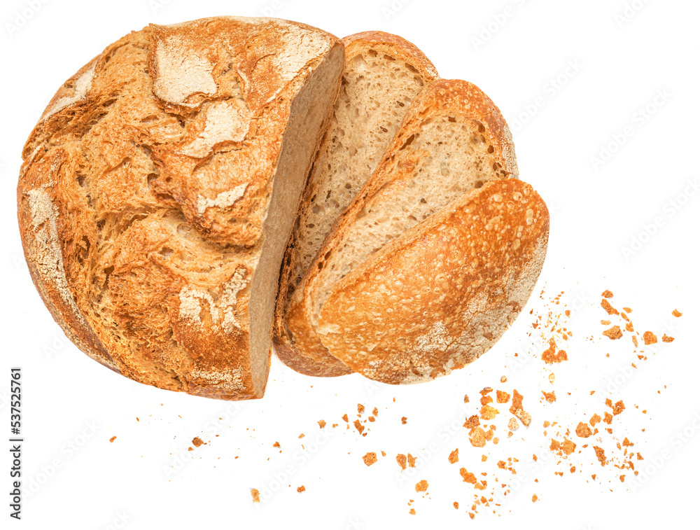 Bread loaf with  slices and bread crumbs  isolated on white background. Top view. Flat lay.