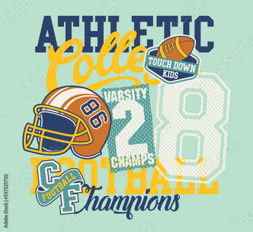 Cute college athletic American football champions kids team abstract vector print for baby children wear with embroidery applique patches