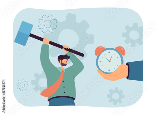 Tiny businessman breaking clock with hammer. Burnout and stress of angry person due to deadline flat vector illustration. Time management concept for banner, website design or landing web page
