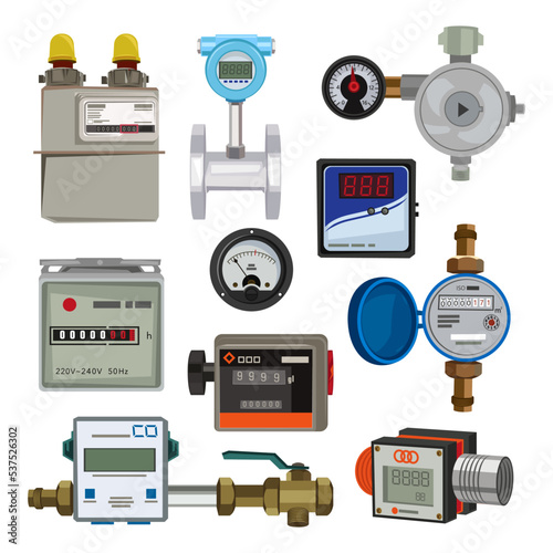 Gas, water and electricity meters set. Vector illustrations of measuring mechanical or electric counters. Cartoon equipment with consumption indicators isolated on white. Device, measurement concept