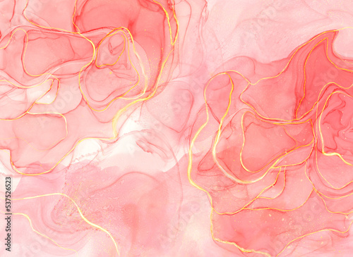 Abstract pastel red blush liquid watercolor background with golden lines, dots and stains. Background for postcards and invitations.