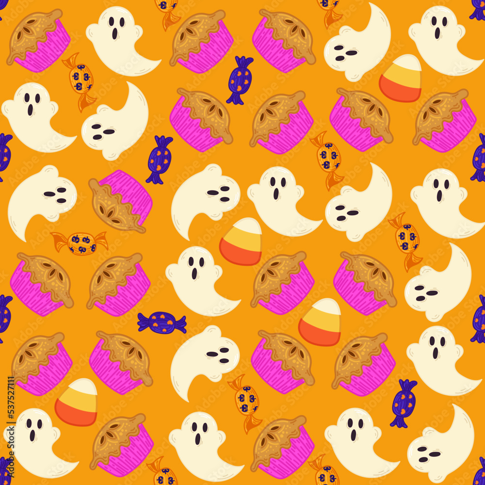 Halloween seamless pattern background design with pumpkin pie, ghost,candies, and other scary or festive elements on orange background.
