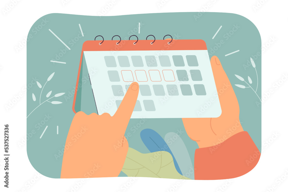 Hand finger pointing to important dates of week in calendar. Reminder for events during month for person flat vector illustration. Schedule concept for banner, website design or landing web page Hand finger pointing to important dates of week in calendar. Reminder for events during month for person flat vector illustration. Schedule concept for banner, website design or landing web page
