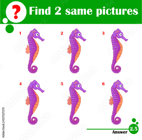 Children educational game. Find two same pictures of cute sea horse