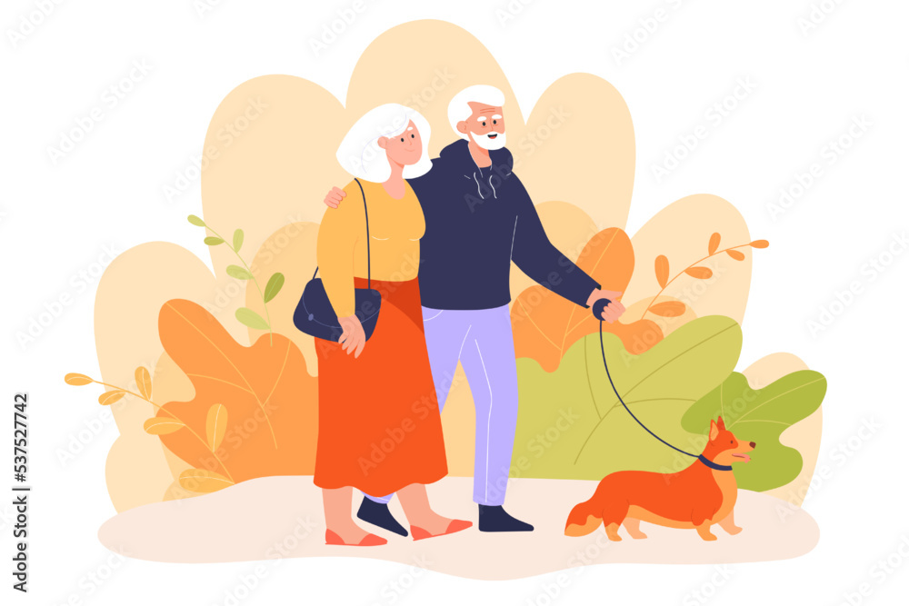 Happy elderly couple walking cute dog together. Old or senior people ...