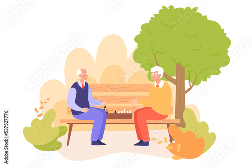 Old men playing chess on park bench together. Elderly people or friends playing logic game outside flat vector illustration. Chess, hobbies, retirement concept for banner or landing web page