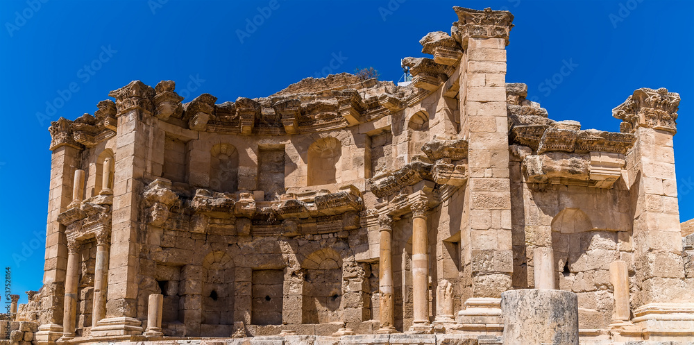 A view across the Ottoman Building in the ancient Roman settlement of Gerasa in Jerash, Jordan in summertime