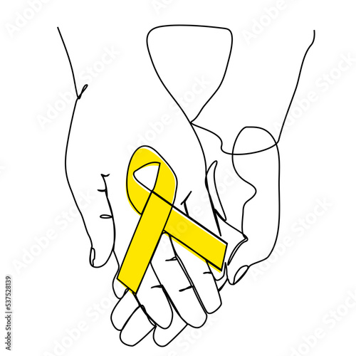 continuous line Hand holding a yellow ribbon to support people living and sick September Suicide Prevention Day Pediatric Cancer Awareness Month and the concept of world cancer day