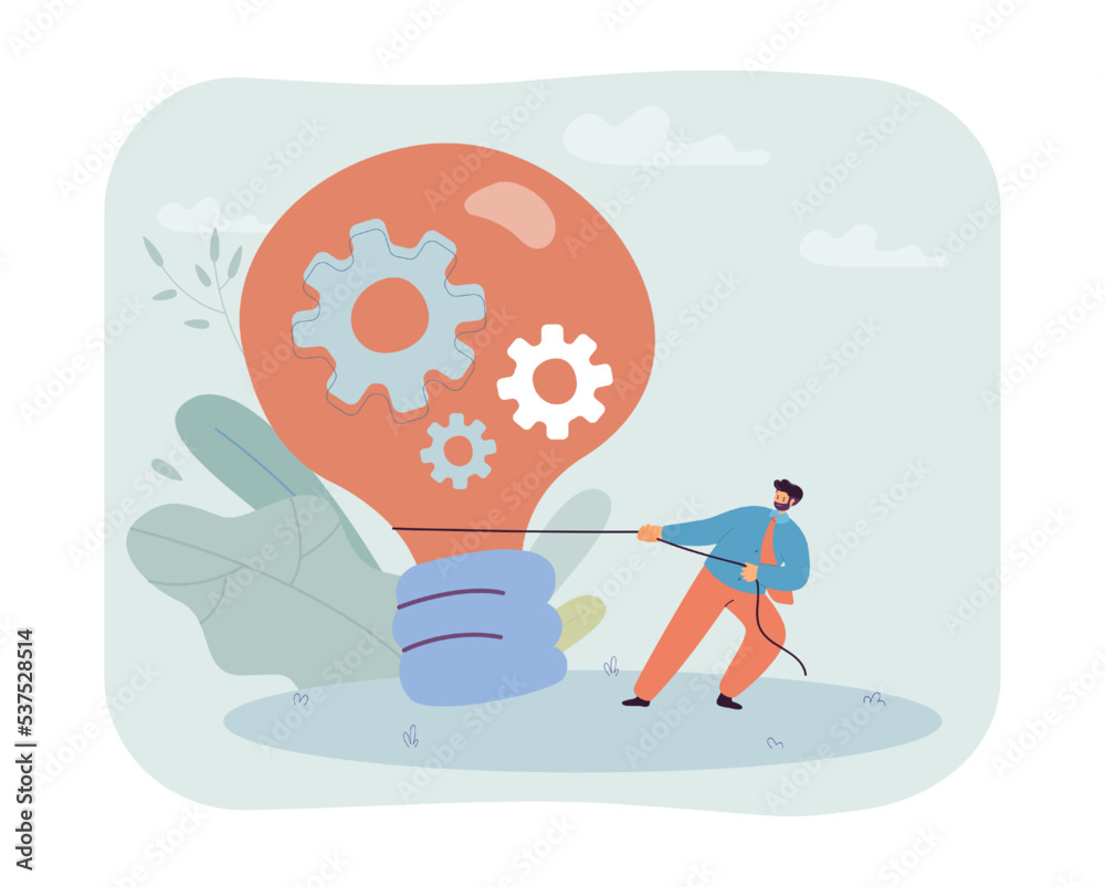 Businessman pulling big light bulb with gears inside. Business innovation of tiny person flat vector illustration. Inspiration, entrepreneurship concept for banner, website design or landing web page Businessman pulling big light bulb with gears inside. Business innovation of tiny person flat vector illustration. Inspiration, entrepreneurship concept for banner, website design or landing web page