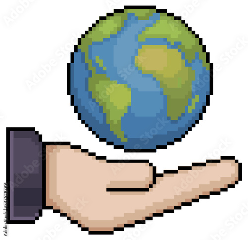 Pixel art hand with earth planet, terrestrial globe vector icon for 8bit game on white background
