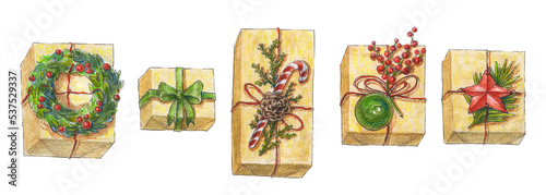 Watercolor painting set of gift box with bow. Hand drawn holiday illustration isolated on white background