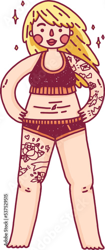 Body positive plus size girl with tattoo. Cute woman character with belly folds in cartoon style