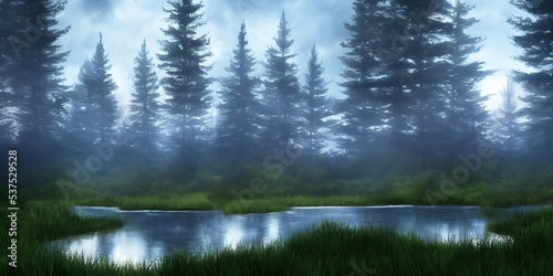 Summer landscape of a coniferous forest near the water