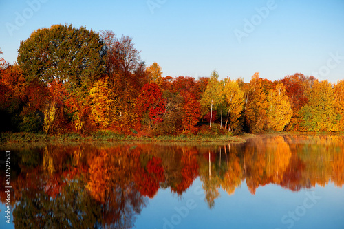 Trees in brilliant autumn color reflecting in a small lake in Latvia