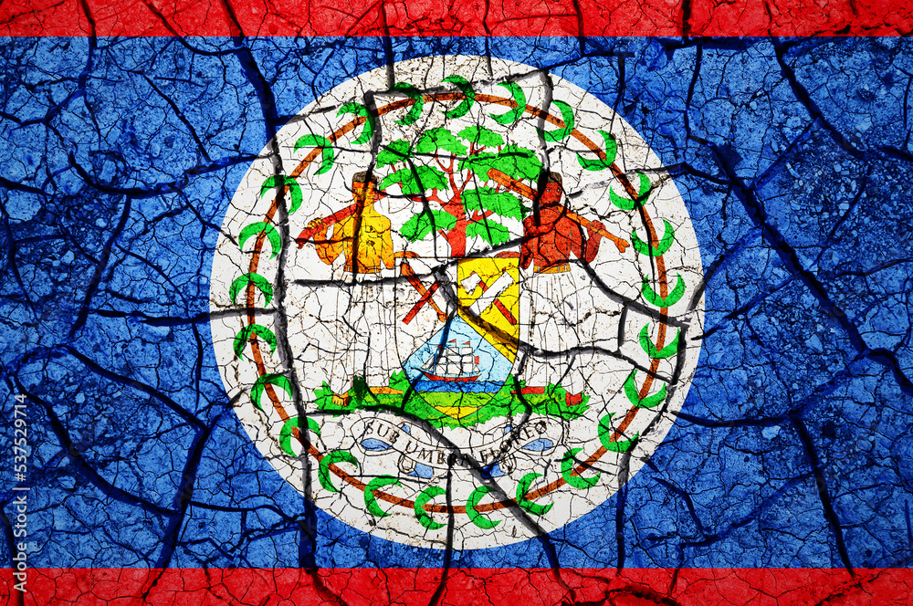 Obraz premium Dry soil pattern on the flag of Belize. Country with drought concept. Water problem. Dry cracked earth country.