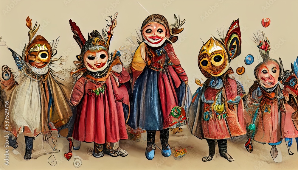 Christmas carnival for children. Festive costumes and masks.