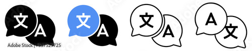 Set of icon for translator. Chat bubbles with language translation icons in different styles. photo