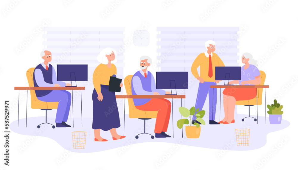 Senior employees talking in office or at meeting. Elderly persons at work, old business people working at computers flat vector illustration. Old age, workplace concept for banner or landing web page