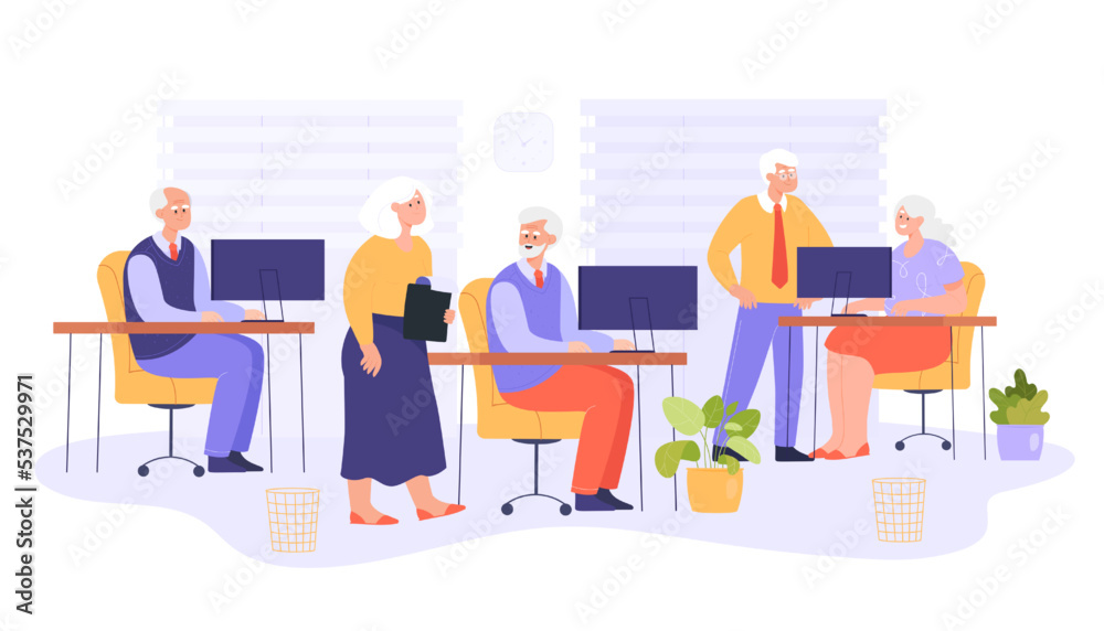 Senior employees talking in office or at meeting. Elderly persons at work, old business people working at computers flat vector illustration. Old age, workplace concept for banner or landing web page Senior employees talking in office or at meeting. Elderly persons at work, old business people working at computers flat vector illustration. Old age, workplace concept for banner or landing web page