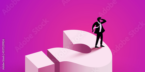 Business decision concept with a businessman standing on a huge question mark. Symbol of the future, opportunities, planning, vision.
