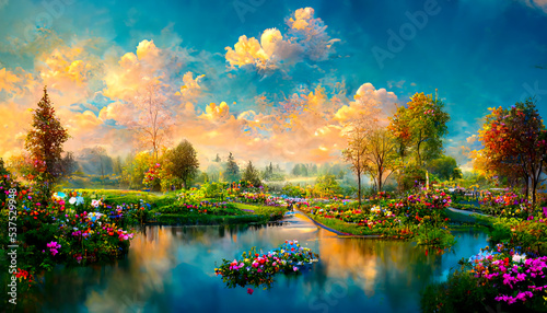 The natural landscape with canals and flowers. Advertising for books, illustrations and cartoons.