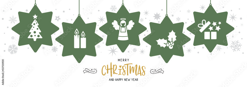 Christmas greeting card with green and golden hanging stars and Christmas symbols editable vector illustration on white background