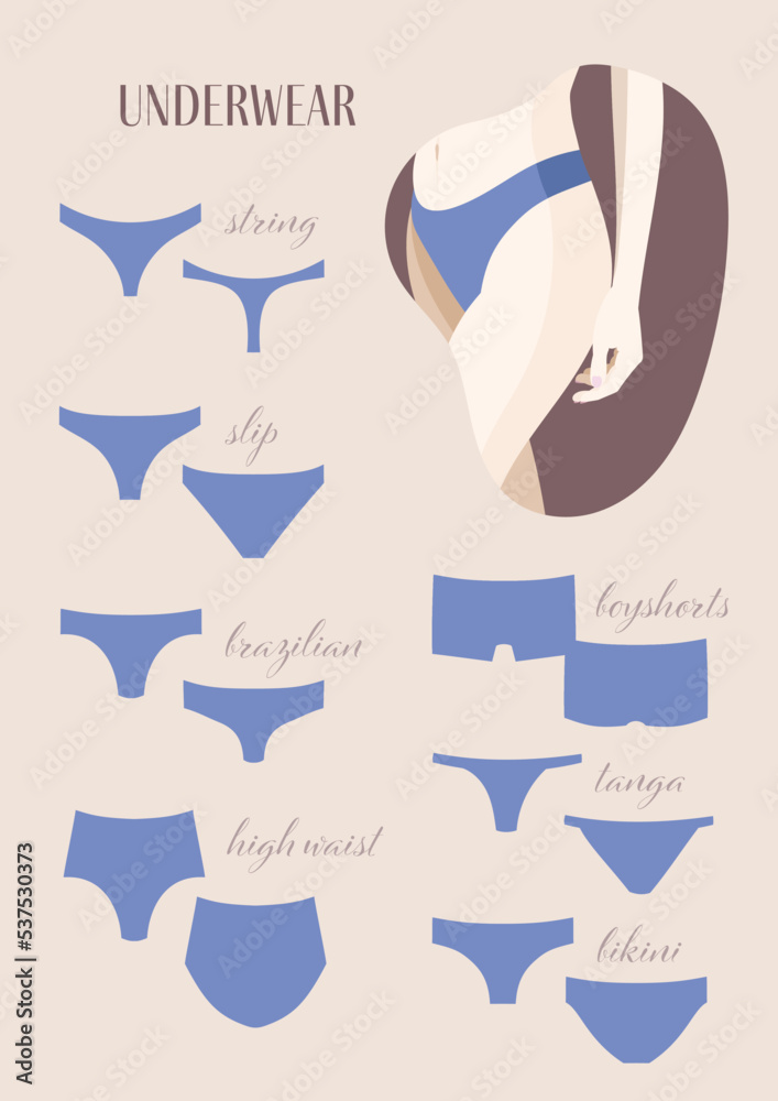 Types of woman underwear . Flat female figure in panty. Nude, pastel