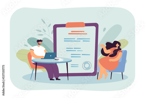 HR employee hiring new worker on employment interview. Tiny man and woman with job contract flat vector illustration. Vacancy, agency, agreement concept for banner, website design or landing web page