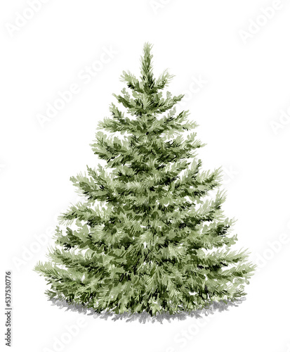 Watercolor vintage green classic Christmas tree isolated on white background. Hand drawn illustration sketch