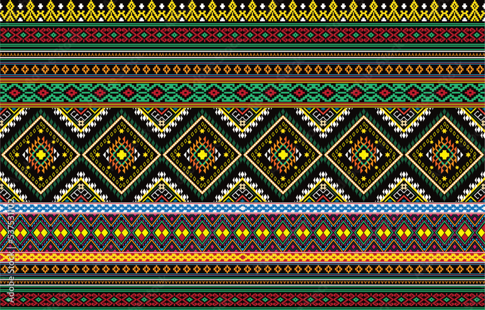 Mexican indian design with tribal ethnic themes on a geometric seamless background Beautiful textile print with native American tribal elements in an ethnic traditional style. Folk fashion from Mexico