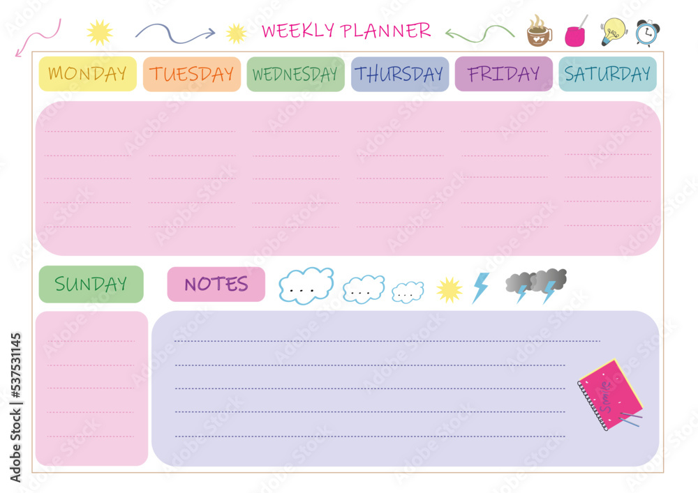 Weekly Planner Pastel Colours, Weekly Organizer, Planner, note paper, daily Weekly Planner Pastel Colours, Weekly Organizer, Planner, note paper, daily