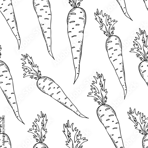 seamless colorless pattern with carrots, contour drawing by hand, hatching