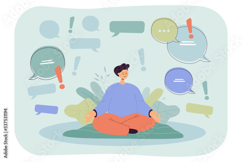 Man sitting in lotus position in chaos of social media messages. Tiny person among lot of speech bubbles flat vector illustration. Spam overload concept for banner, website design or landing web page