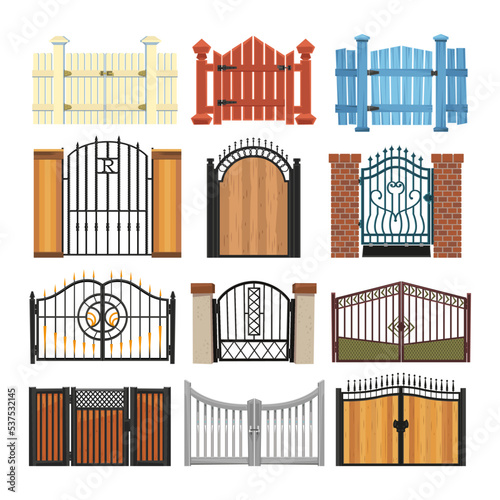 Fence gates set. Vector illustrations of manor barriers with closed doors, ornaments and decoration. Cartoon wrought iron, brick and wooden constructions isolated on white. Entrance, city concept