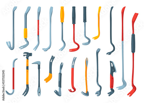 Crowbars for repairman toolbox flat vector illustrations set. Collection cartoon drawings of instruments for repair work or crowbar isolated on white background. Carpentry, construction concept photo