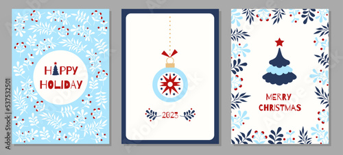Set of christmas and happy new year greeting cards with Christmas tree, floral ornaments and backgrounds. Vector illustration.