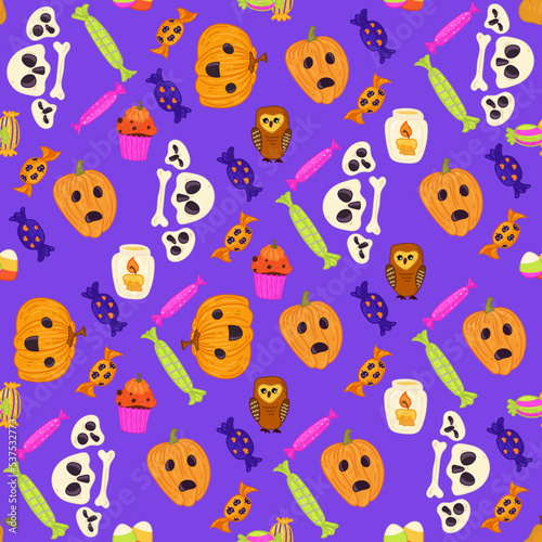 Halloween seamless pattern background design with pumpkin lantern  owl candies  and other scary or festive elements on purple background.