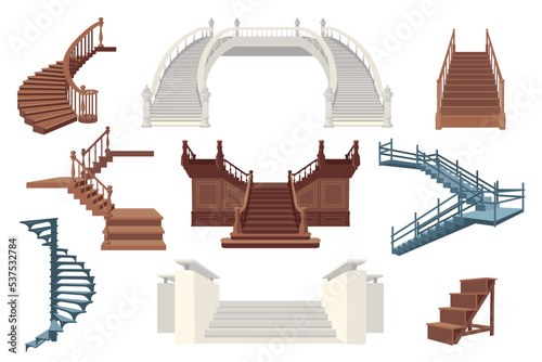 Valokuvatapetti Front and side view of staircases flat vector illustrations set
