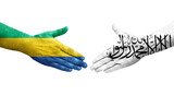 Handshake between Afghanistan and Gabon flags painted on hands, isolated transparent image.