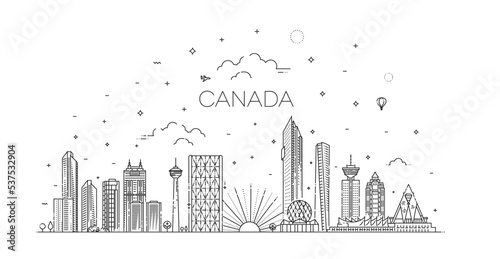 Canada architecture line skyline illustration. famous landmarks. Vancouver and Calgary