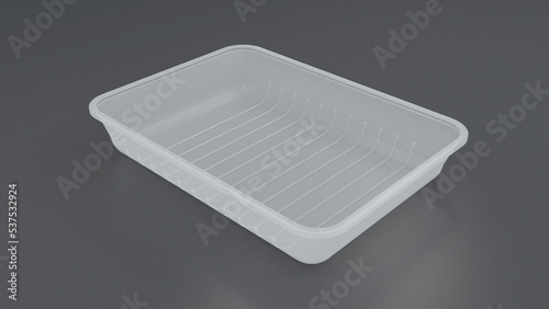 Empty, white plastic food tray, container, a 3D render on gray background. Packshot photo for package design, template.