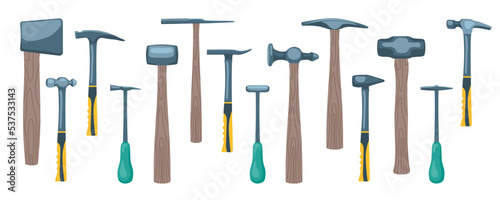 Different kinds of hammers flat vector illustrations set. Collection of iron hammers with wooden or rubber handles isolated on white background. Construction, home repair, carpentry concept