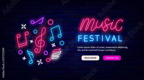 Music festival neon flyer promotion. Website landing page. Circle layout with musica notes. Vector illustration