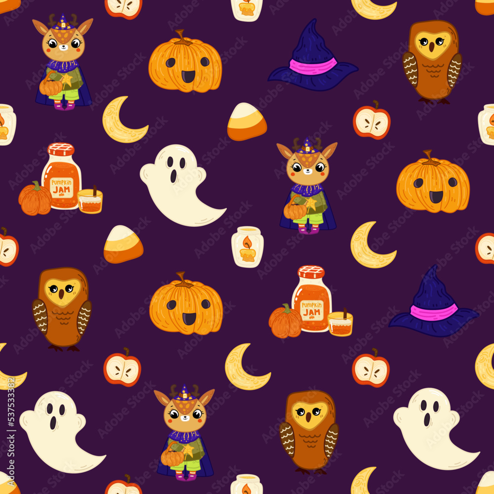 Halloween seamless pattern background design with pumpkin lantern, ghost, moon, candies, and other scary or festive elements on dark purple background. Halloween seamless pattern background design with pumpkin lantern, ghost, moon, candies, and other scary or festive elements on dark purple background.