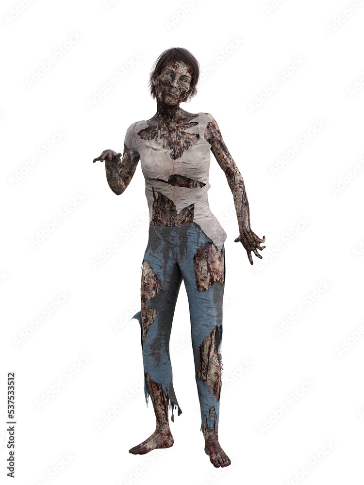 Zombie woman in torn clothes covered in blood lurching toward the camera. 3D illustration isolated.